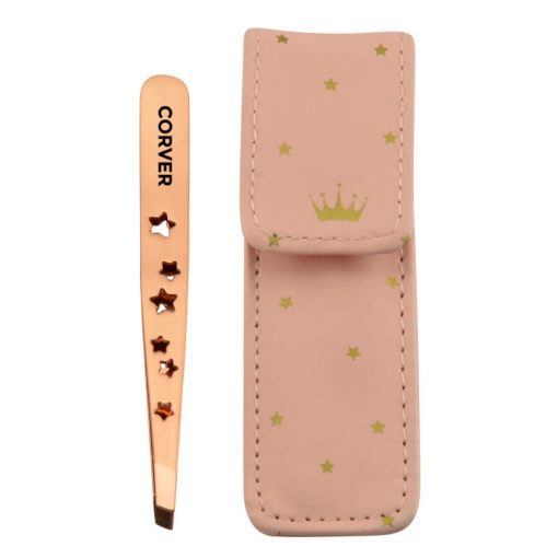 Slant Tweezer & PU Case with Rose Gold Stars BBT007